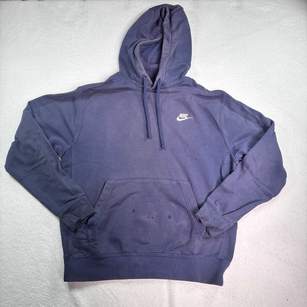 Nike Mini Swoosh Distressed Hoodie Mens L Navy Blue Faded Pullover Streetwear